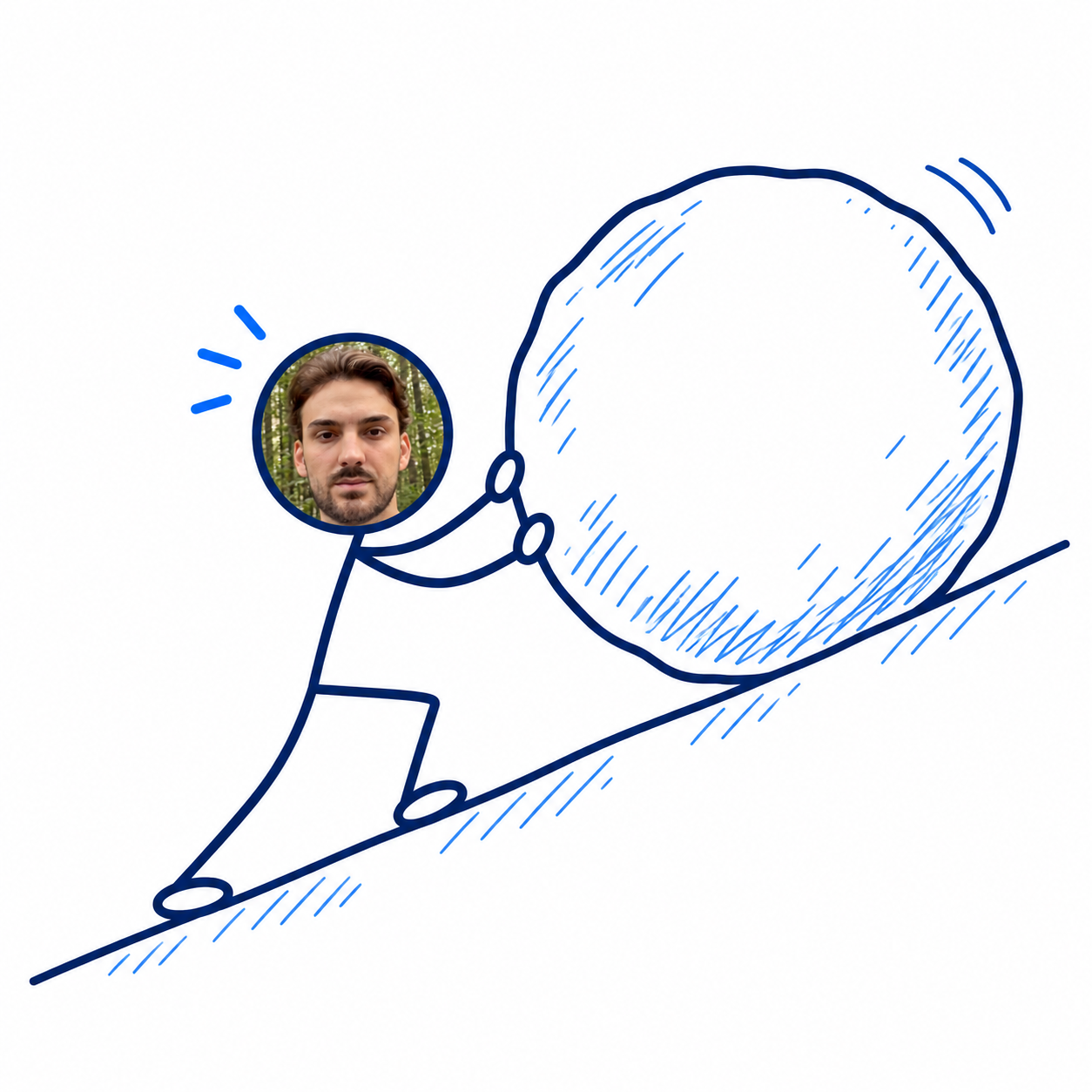 Luka Rosic as a navy-and-blue stick figure pushing a large boulder uphill, illustrating learning the hard way.